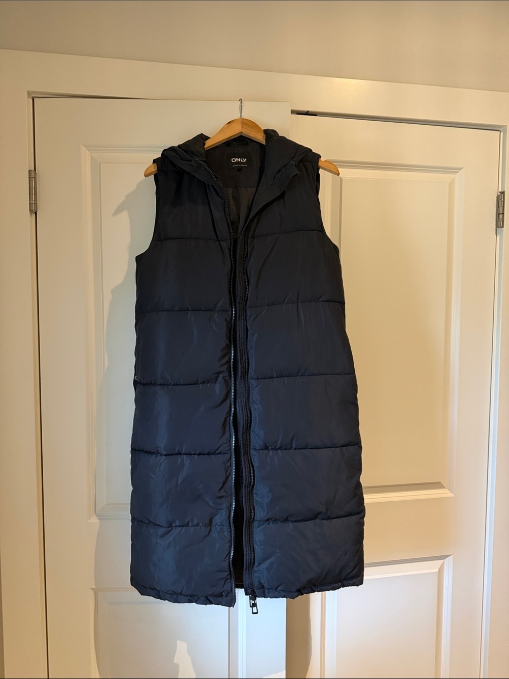 Only Long Quilted Hooded Puffer Vest — Navy